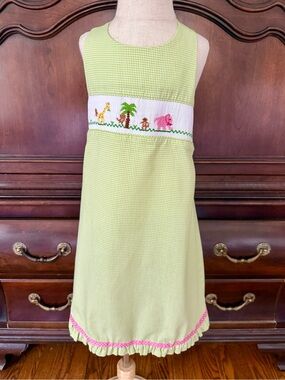 Vive La Fête Smocked Safari Dress Girls Size 5 Green Gingham Cross Back Boutique